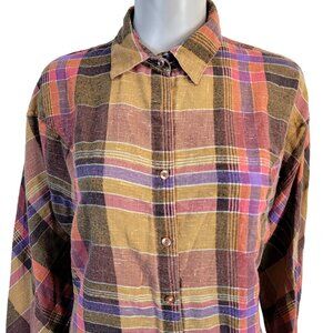 Vintage 70s Plaid Button Shirt Women 14 Retro Top Work Long Sleeve Brown Pink XL